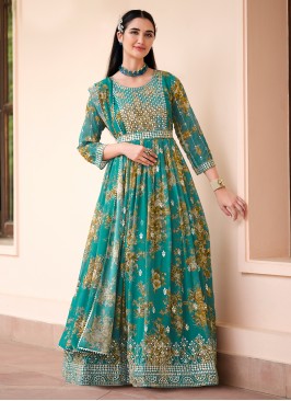 Aqua Blue Engagement Georgette Anarkali Salwar Kameez