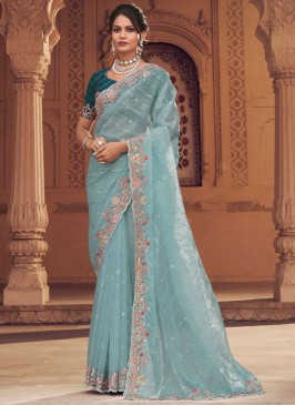 Aqua Blue Engagement Organza Trendy Saree