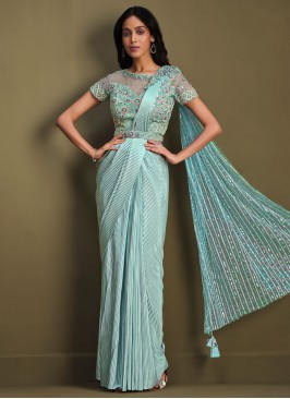 Aqua Blue Fancy Fabric Wedding Designer Saree