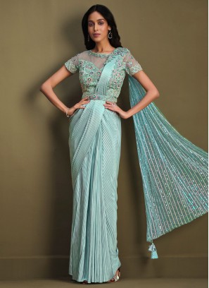 Aqua Blue Fancy Fabric Wedding Designer Saree
