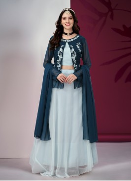 Aqua Blue Festival Georgette Satin Trendy Lehenga Choli