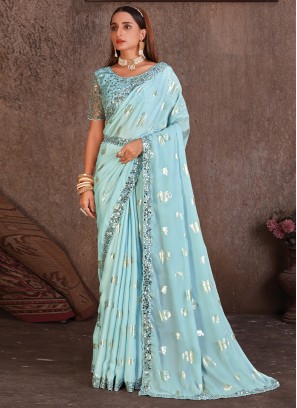 Aqua Blue Foil Handwork Saree