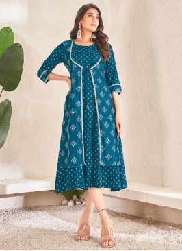 Aqua Blue Foil Print Cotton Casual Kurti