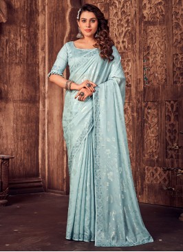 Aqua Blue Foil Print Satin Silk Trendy Saree