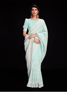 Aqua Blue Georgette Sequins Saree