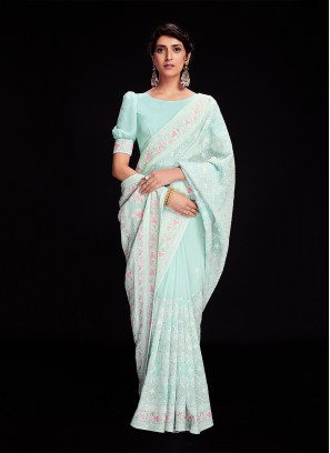 Aqua Blue Georgette Sequins Saree