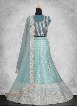 Aqua Blue Georgette Thread Work A Line Lehenga Choli