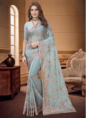 Aqua Blue Georgette Trendy Saree