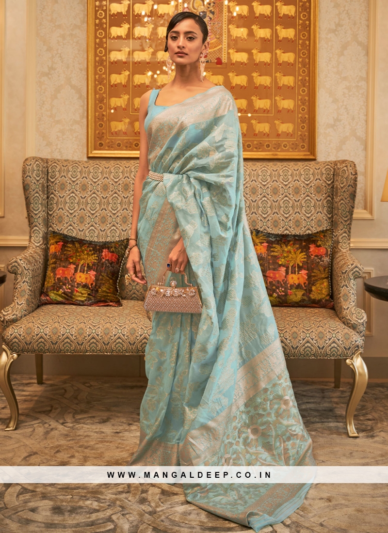 Aqua Blue Handloom silk Classic Saree