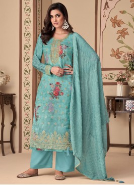 Aqua Blue Jacquard Silk Wedding Straight Salwar Kameez