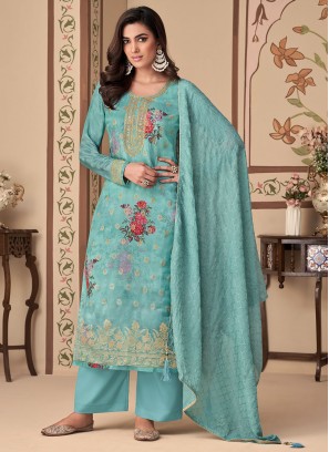 Aqua Blue Jacquard Silk Wedding Straight Salwar Kameez