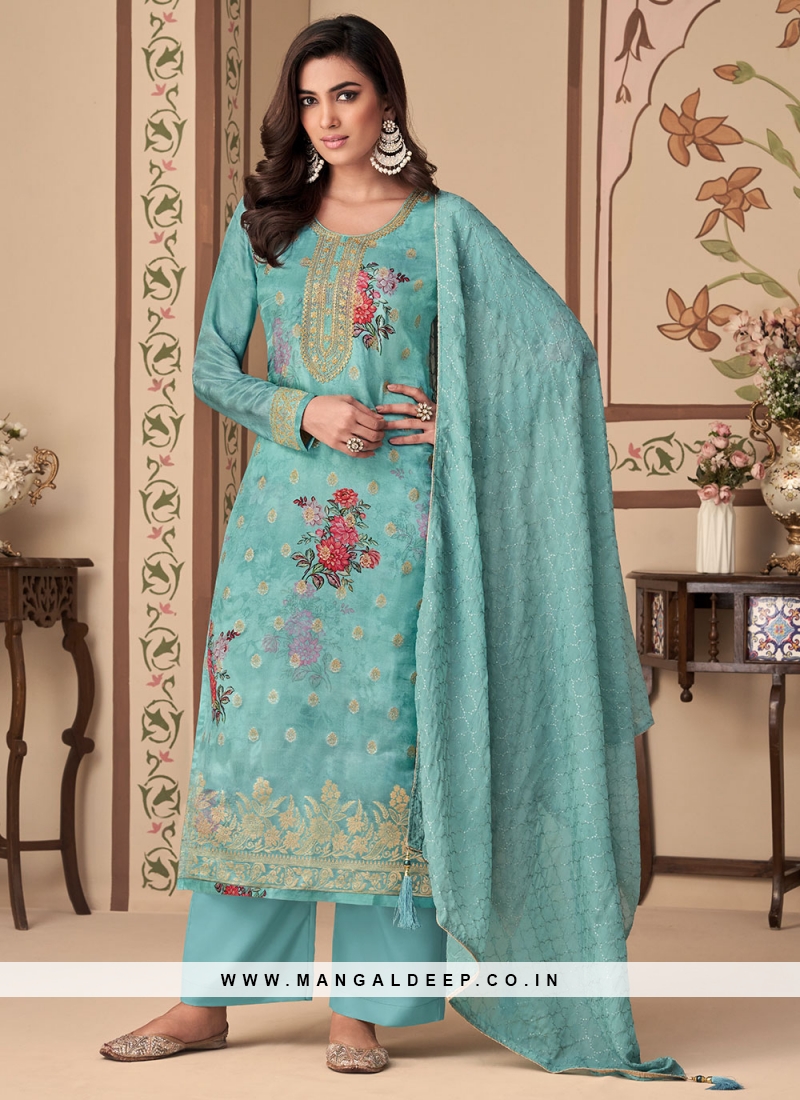 Aqua Blue Jacquard Silk Wedding Straight Salwar Kameez