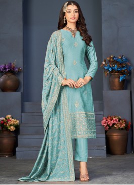 Aqua Blue Jacquard Work Reception Trendy Salwar Kameez