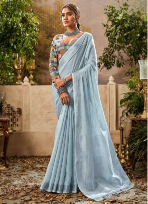 Aqua Blue Khadi Digital Print Contemporary Saree