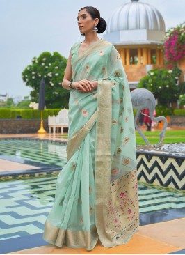 Aqua Blue Linen Festival Classic Designer Saree