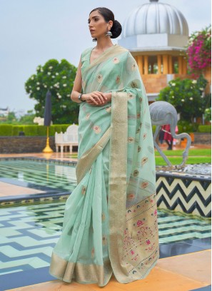 Aqua Blue Linen Festival Classic Designer Saree