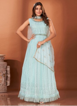 Aqua Blue Mukesh Engagement Designer Gown