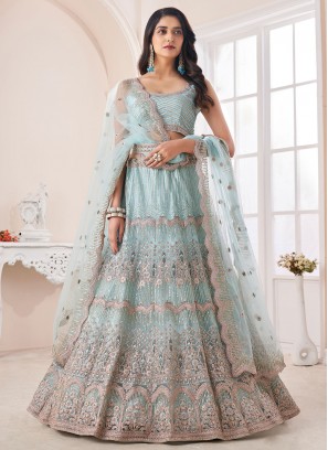 Aqua Blue Net Designer Lehenga Choli