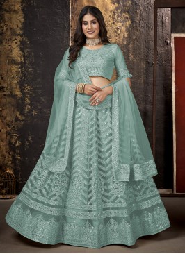 Aqua Blue Net Embroidered Long Choli Lehenga