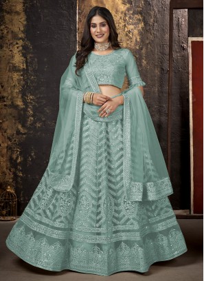 Aqua Blue Net Embroidered Long Choli Lehenga