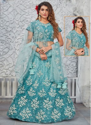 Aqua Blue Net Floral Patterns Designer Long Lehenga Choli