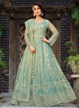 Aqua Blue Net Long Length Anarkali Salwar Suit