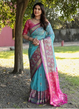 Aqua Blue Organza Festival Classic Saree