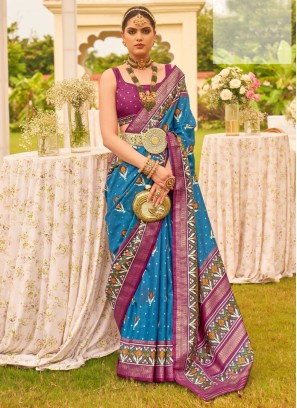 Aqua Blue Patola Print Classic Saree