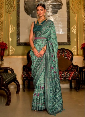 Aqua Blue Patola Print Trendy Saree