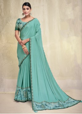 Aqua Blue Plain Crepe Silk Contemporary Style Saree