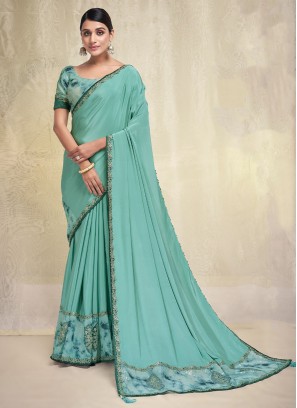 Aqua Blue Plain Crepe Silk Contemporary Style Saree