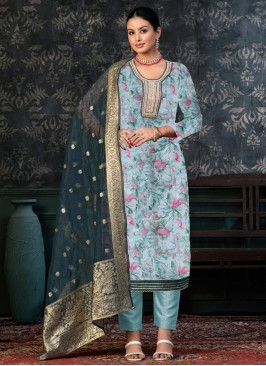 Aqua Blue Print Cotton Pant Style Suit