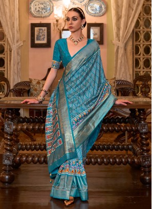 Aqua Blue Printed Patola Silk  Contemporary Saree