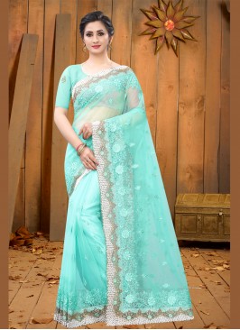 Aqua Blue Resham Net Classic Saree