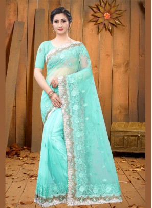 Aqua Blue Resham Net Classic Saree