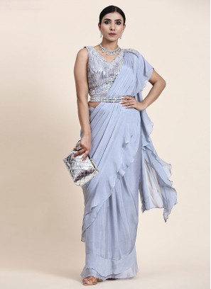 Aqua Blue Ruffle Chiffon Trendy Saree