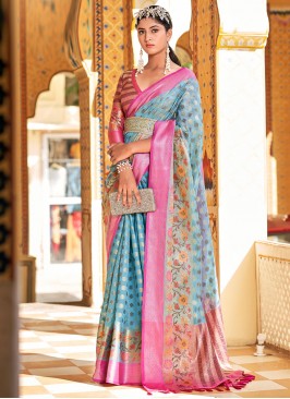 Aqua Blue Sangeet Tissue Contemporary Saree