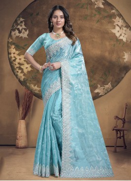 Aqua Blue Sequins Festival Saree