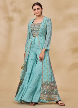 Aqua Blue Sequins Palazzo Salwar Kameez