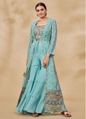 Aqua Blue Sequins Palazzo Salwar Kameez