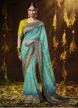 Aqua Blue Silk Bandhej Trendy Saree