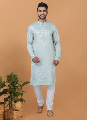 Aqua Blue Silk Party Kurta Pyjama