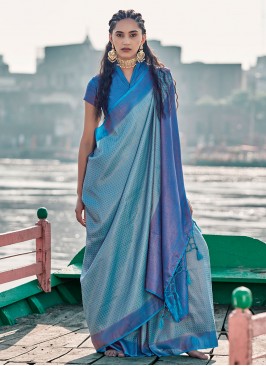 Aqua Blue Silk Weaving Trendy Saree