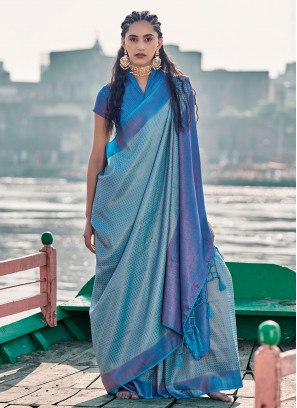 Aqua Blue Silk Weaving Trendy Saree
