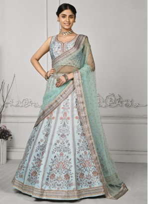 Aqua Blue Swarovski Satin Silk Lehenga Choli