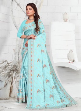 Aqua Blue Thread Work Faux Crepe Designer Saree