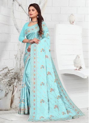 Aqua Blue Thread Work Faux Crepe Designer Saree