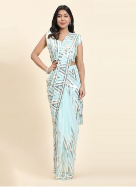 Aqua Blue Viscose Sequins Designer Saree