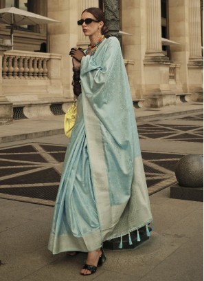 Aqua Blue Weaving Handloom silk Designer Saree