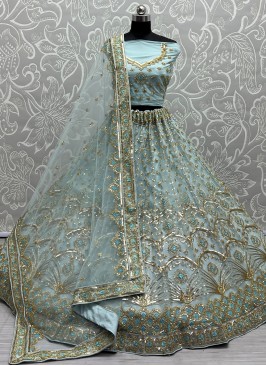 Aqua Blue Wedding Net A Line Lehenga Choli